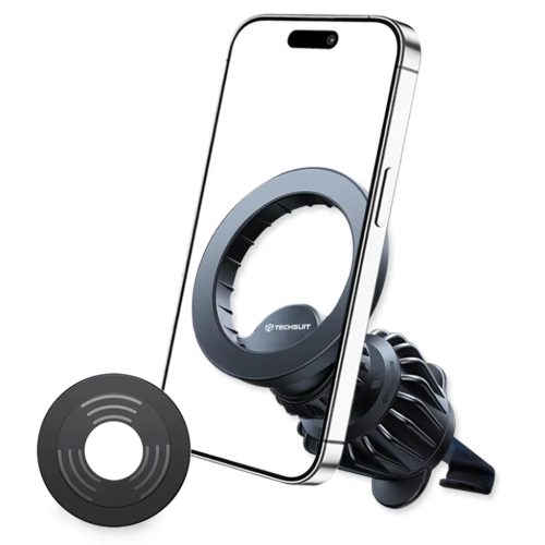 Techsuit - Autós tartó AirFix (S1) - fémgyűrűvel, szellőzőnyílásba szerelhető, MagSafe kompatibilis, N52, 360°-os forgatás - Fekete