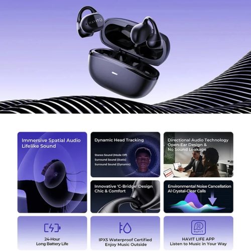 Havit Vezeték nélküli fülhallgató (OWS916) - Type-C, Bluetooth 6.0, ENC, 2 mikrofon, IPX5, 400mAh, Térbeli hangzás, Life App - Szürke