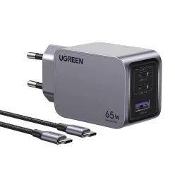  Ugreen Nexode Pro hálózati töltő, USB + 2x USB-C, 65W + USB-C kábel 1.5m (fekete)