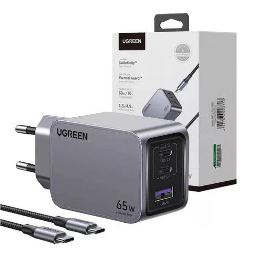 Ugreen Nexode Pro hálózati töltő, USB + 2x USB-C, 65W + USB-C kábel 1.5m (fekete)