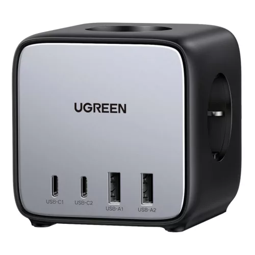Ugreen - elosztó, fali töltő DigiNest Cube 7 az 1-ben CD268 (60113) - GaN, 2x USB-C, 2x USB, 3x AC, 2990W, 13A, PD65W - Fekete
