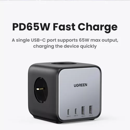 Ugreen - elosztó, fali töltő DigiNest Cube 7 az 1-ben CD268 (60113) - GaN, 2x USB-C, 2x USB, 3x AC, 2990W, 13A, PD65W - Fekete