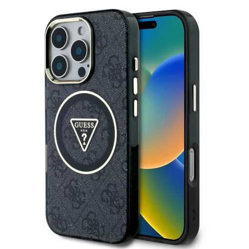 iPhone 16 Pro Fekete Guess IML 4G Glitter és Háromszög Logo MagSafe tok