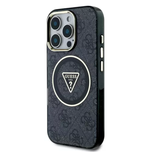 iPhone 16 Pro Fekete Guess IML 4G Glitter és Háromszög Logo MagSafe tok