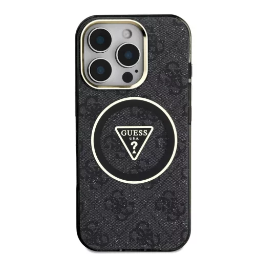 iPhone 16 Pro Fekete Guess IML 4G Glitter és Háromszög Logo MagSafe tok