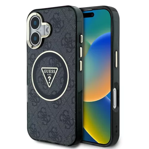 iPhone 16 Fekete Guess IML 4G Glitter és Triangle Logo MagSafe tok