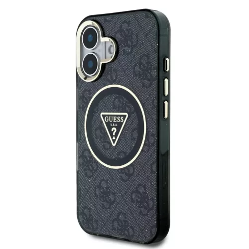 iPhone 16 Fekete Guess IML 4G Glitter és Triangle Logo MagSafe tok