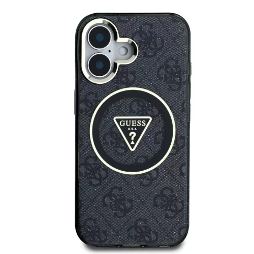 iPhone 16 Fekete Guess IML 4G Glitter és Triangle Logo MagSafe tok