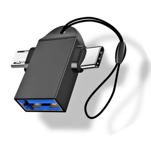 Techsuit - OTG Adapter TwoVoltX (A16) - 3 az 1-ben, USB Micro-USB + Type-C, Plug and Play, Alumínium ötvözet - Fekete