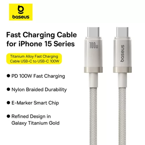 USB-C to Type-C, 100W, Gyors töltés, 480Mbps, 2m - Galaxy Titanium Gold Baseus Data Cable Titanium (P10378100G21-01)