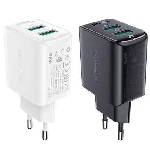 Acefast Töltő Adapter 2 X USB 18W QC 3.0 AFC, FCP fekete  (A33 black)
