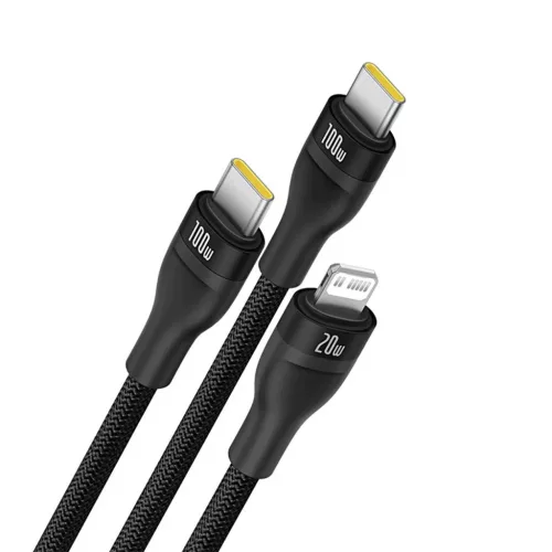 Baseus Flash Series 3 3in1 kábel 100W USB-C - USB-C+USB-C+ Lightning 1.5m + 3 x 0.25 m - fekete