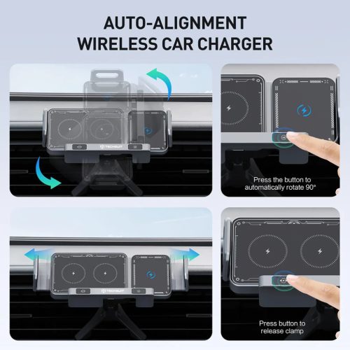 Car Holder Techsuit ModoDock (SW1) vezeték nélküli töltéssel - 360°-os forgás, Kettős motor intelligens érzékelés, 15W - Fekete