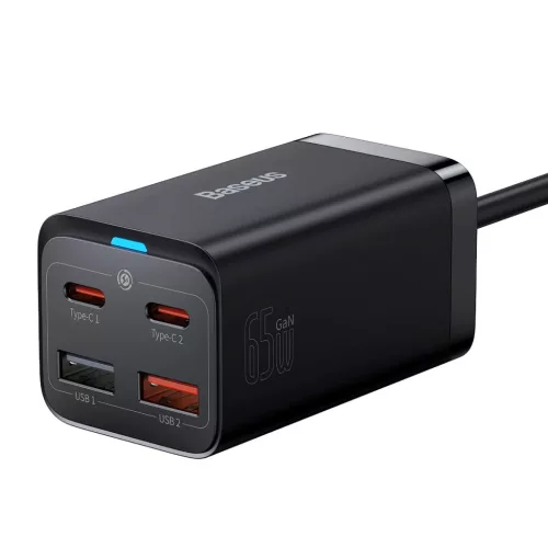 Baseus GaN3 Pro gyors töltő GaN 2 x USB Type C / 2 x USB 65W PD, QC4.0+, AFC, PPS + kábel USB Type C - USB Type C 1m fekete (CCGP040101)