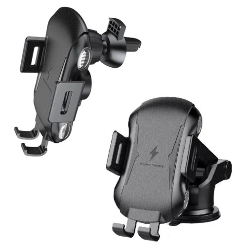 Autós telefontartó vezeték nélküli töltéssel - Techsuit Premium (CAPD032) - műszerfalra, szélvédőre, légbeömlőre, 10W - fekete.