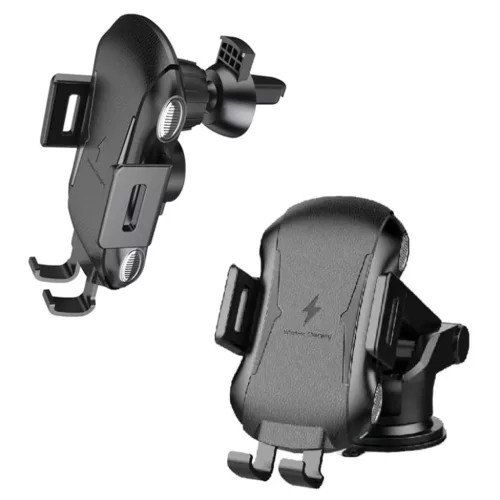 Autós telefontartó vezeték nélküli töltéssel - Techsuit Premium (CAPD032) - műszerfalra, szélvédőre, légbeömlőre, 10W - fekete.