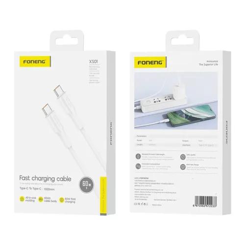 Foneng XS01 60W USB-C to USB-C kábel, 1m (Fehér)
