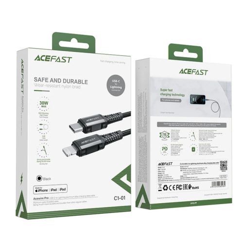 Acefast C1-01 MFI USB Type C - Lightning kábel 1.2m 30W 3A fekete