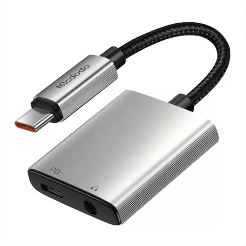 Mcdodo - Wales sorozatú audioadapter (CA-5050) - C típusú csatlakozó - C típusú csatlakozó, egyenáramú 3,5 mm, alumíniumötvözet, nejlon, 60 W teljesítményleadás, 12,5 cm - szürke
