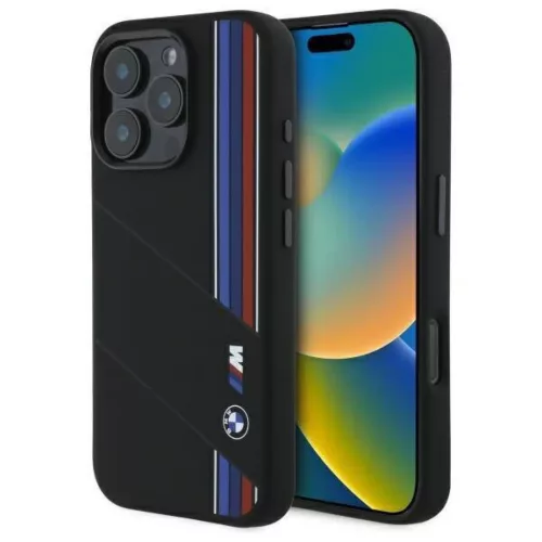 iPhone 16 Pro Eredeti BMW Szilikon Keménytok Tricolor Lines MagSafe (BMHMP16L23SCUK) fekete tok