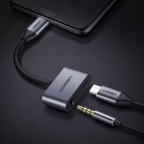 Ugreen USB Type-C - USB Type-C/3.5 mm Jack audio elosztó adapter 1.5A szürke