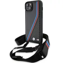   iPhone 15 Plus / 14 Plus fekete BMW M Edition Carbon Tricolor Lines & Strap tok