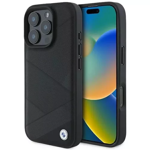 iPhone 16 Pro Fekete BMW Signature Leather Crossing Lines mintás tok