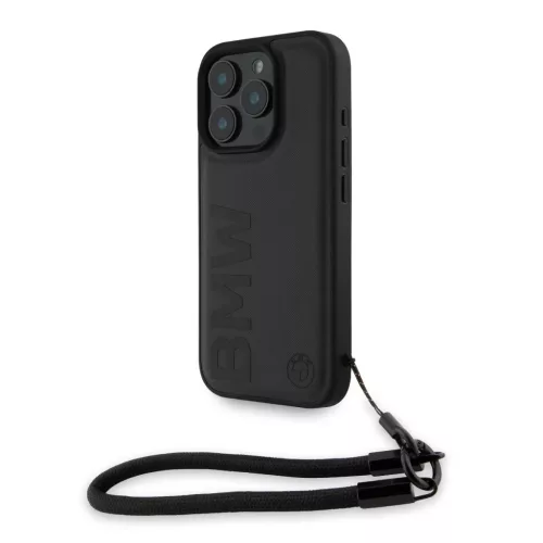 iPhone 16 Pro Fekete BMW Leather Signature és Szíjas tok