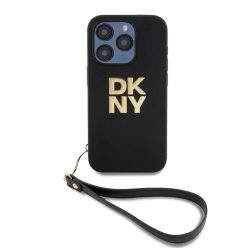   DKNY PU Bőr Halmozott Logós Csuklópántos Tok iPhone 15 Pro Max Fekete