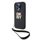 DKNY PU Bőr Halmozott Logós Csuklópántos Tok iPhone 15 Pro Max Fekete