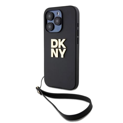 DKNY PU Bőr Halmozott Logós Csuklópántos Tok iPhone 15 Pro Max Fekete