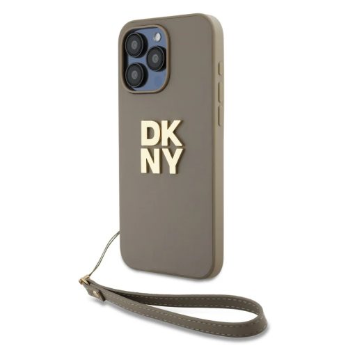 DKNY PU bőr logós csuklópántos tok iPhone 15 Pro Max Beige