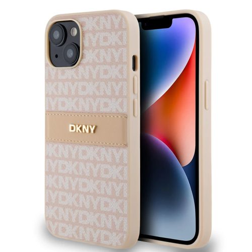 DKNY PU bőrmintás csíkos fliptok iPhone 14 Pink