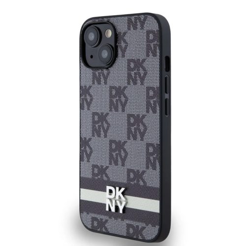 DKNY PU bőr kockás minta és csíkos tok iPhone 14 fekete