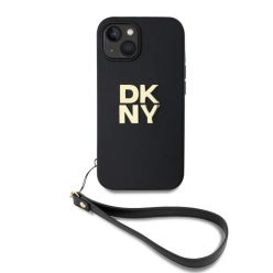   DKNY PU bőr Stack logós csuklópántos tok iPhone 14-hez fekete