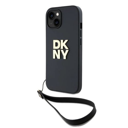 DKNY PU bőr Stack logós csuklópántos tok iPhone 14-hez fekete