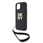 DKNY PU bőr Stack logós csuklópántos tok iPhone 14-hez fekete