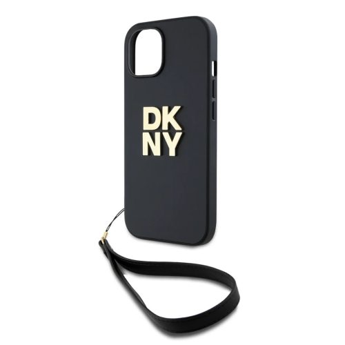 DKNY PU bőr Stack logós csuklópántos tok iPhone 14-hez fekete