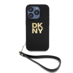   DKNY PU Leather Stack Logo Wrist Strap tok iPhone 14 Pro Max-hoz fekete