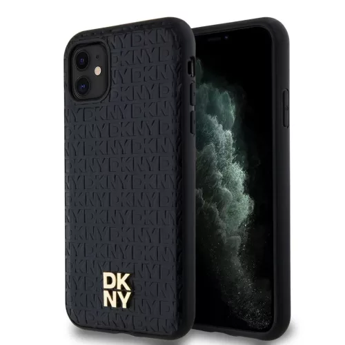 DKNY PU Bőr Ismétlődő Minta Logó Stacked MagSafe iPhone 11 tok fekete