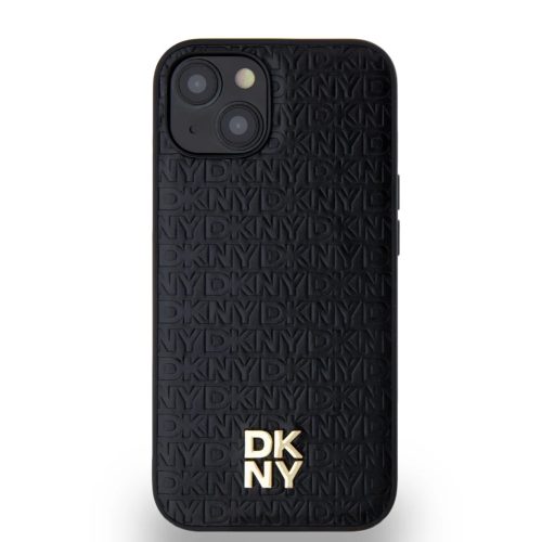 DKNY PU Bőr Ismétlődő Minta Stack Logó MagSafe iPhone 14 tok Fekete