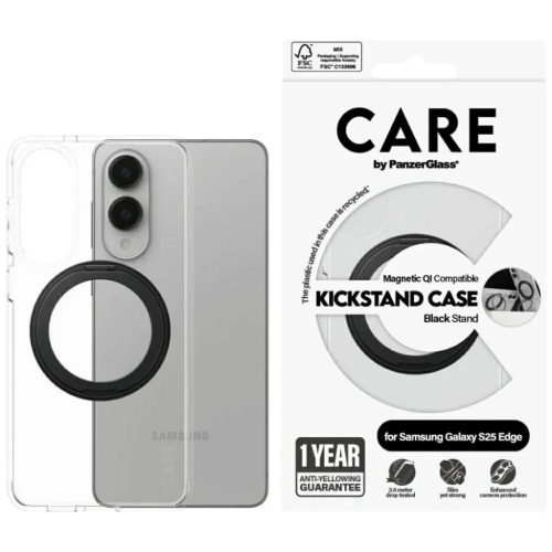 CARE by PanzerGlass Feature Fekete kitámasztós & QI Tok Samsung Galaxy S25 Edge - Átlátszó tok