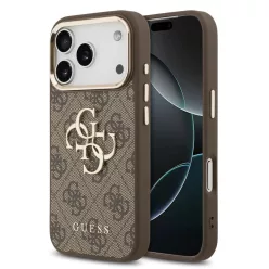   iPhone 17 Pro Barna Guess PU Leather 4G Fém Logó Arany Keretes Tok