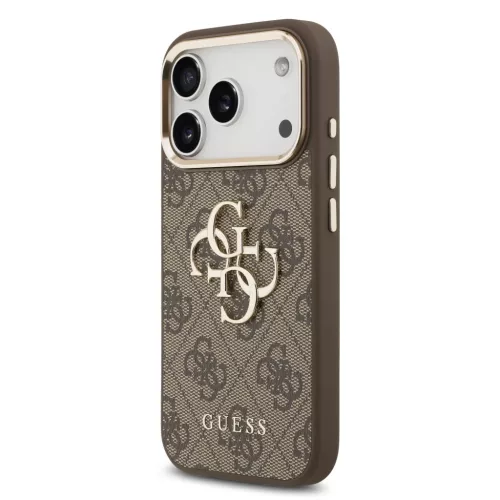 iPhone 17 Pro Barna Guess PU Leather 4G Fém Logó Arany Keretes Tok