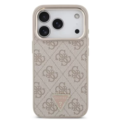 iPhone 17 Pro Rózsaszín Guess PU Bőr 4G Strass Hármas Logo Arany Keret MagSafe Tok