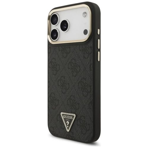 iPhone 17 Pro Max Fekete Guess PU Leather 4G Strass Triangle Logo Gold Frame MagSafe tok