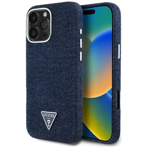 iPhone 16 Pro Kék Guess HC MagSafe FW Denim Triangle Logó tok