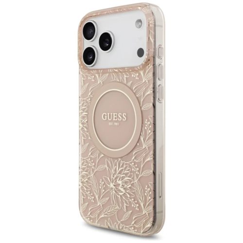 iPhone 17 Pro Max Guess IML Flowers Electro Pearl Pántos MagSafe tok Pink tok