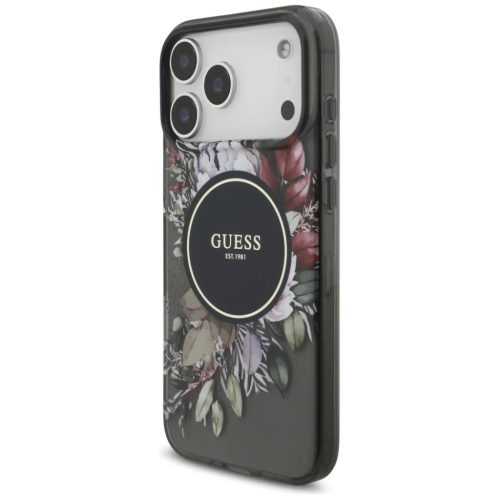 iPhone 17 Pro Max Guess IML Flowers Pearl Strap MagSafe fekete tok