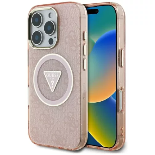 iPhone 16 Pro Rózsaszín Guess IML Fém Csillámos 4G Kör Háromszög MagSafe tok